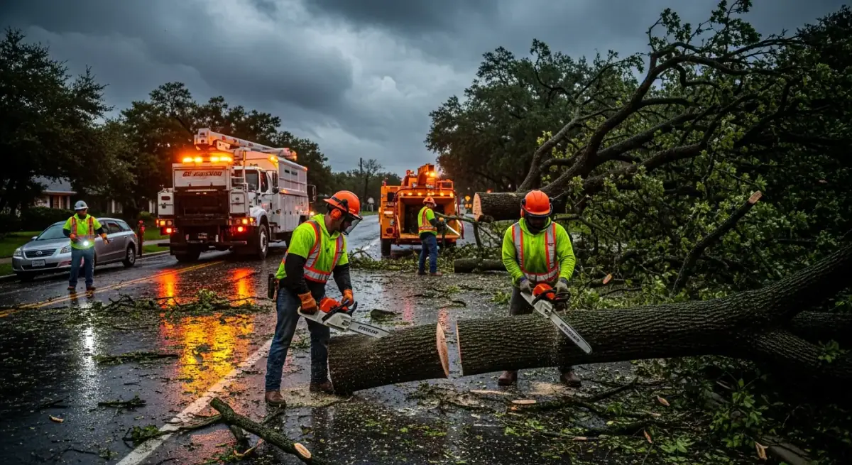 Large tree fallen across driveway and onto car after storm