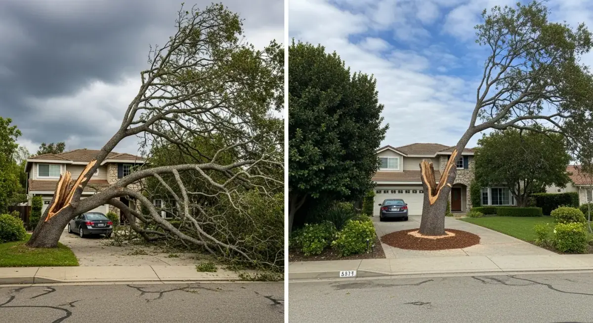 Before and after: storm-damaged oak safely removed from driveway area
