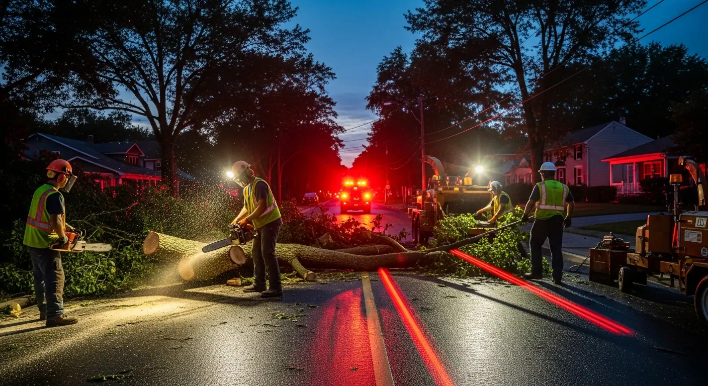 Emergency tree removal crew working after hours