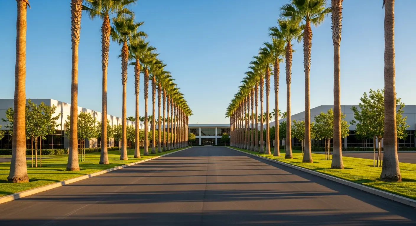 Row of freshly trimmed palm trees along a commercial driveway