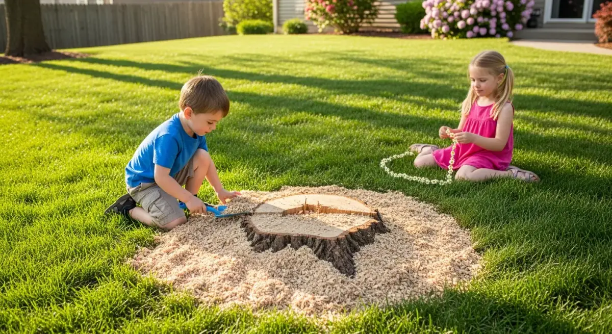 Large tree stump in center of front yard before grinding