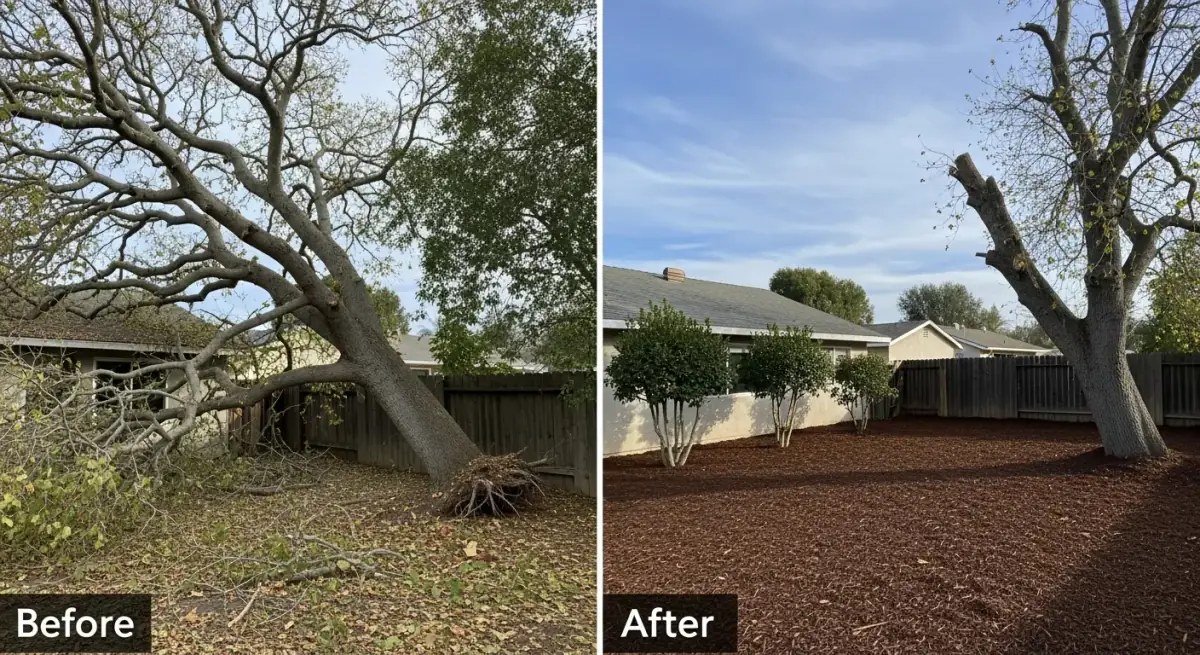 Dead eucalyptus tree leaning over a house before removal