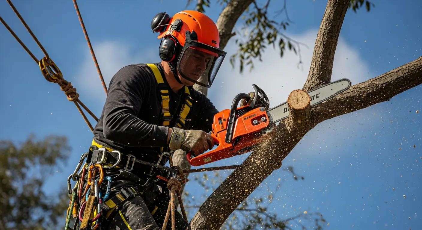 Certified arborist safely cutting a large tree branch using professional rigging equipment
