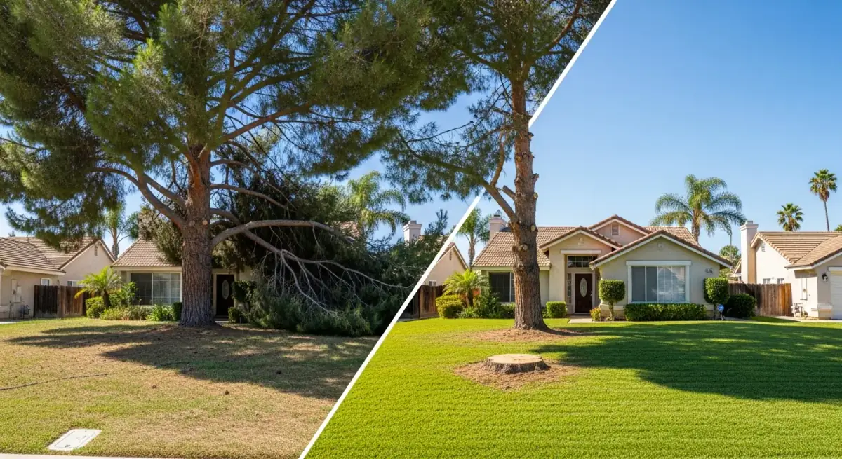 Before and after: overgrown pine tree removed to protect the home