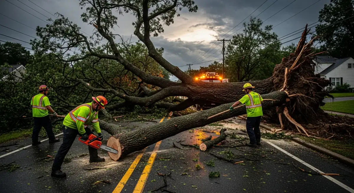 Emergency crew clearing a fallen tree from a road after a storm