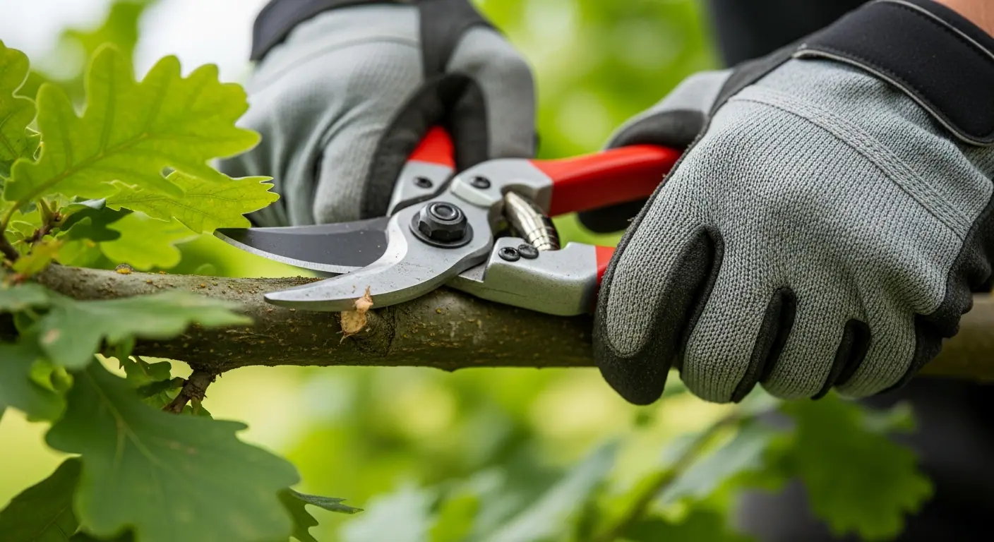 Close-up of professional tree trimming with precision pruning shears