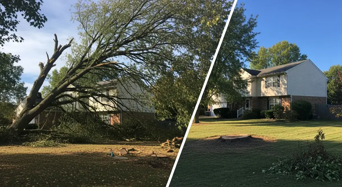 Before and after tree removal showing a clean, restored yard