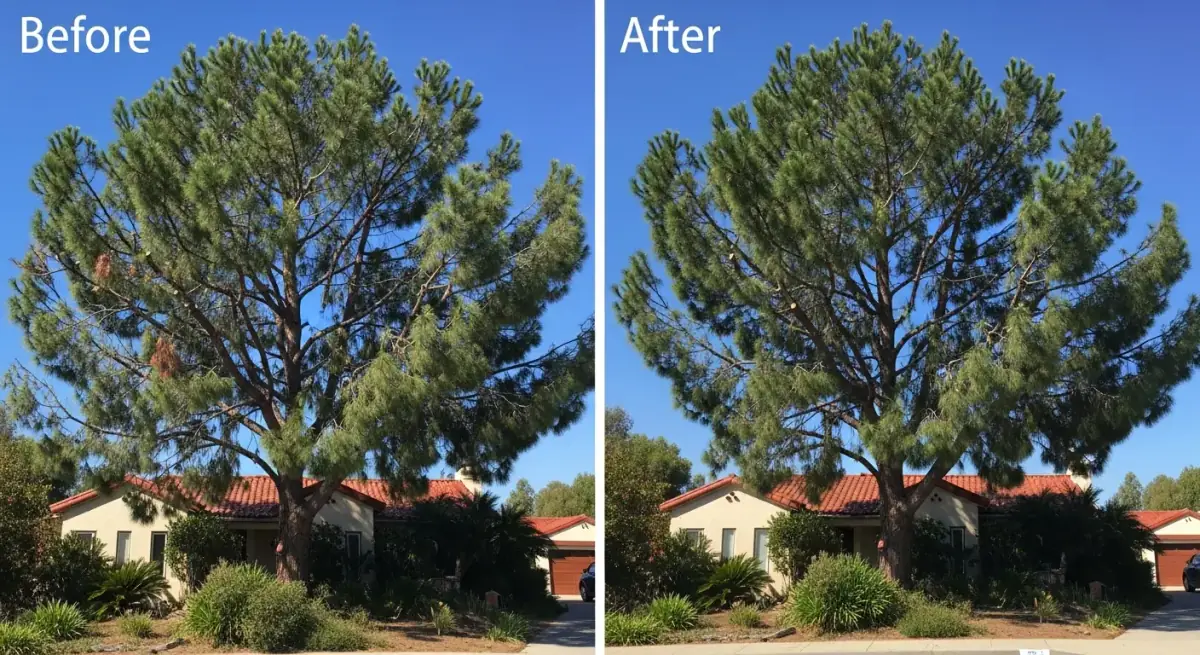 Before and after trimming of a pine tree near a residential roof