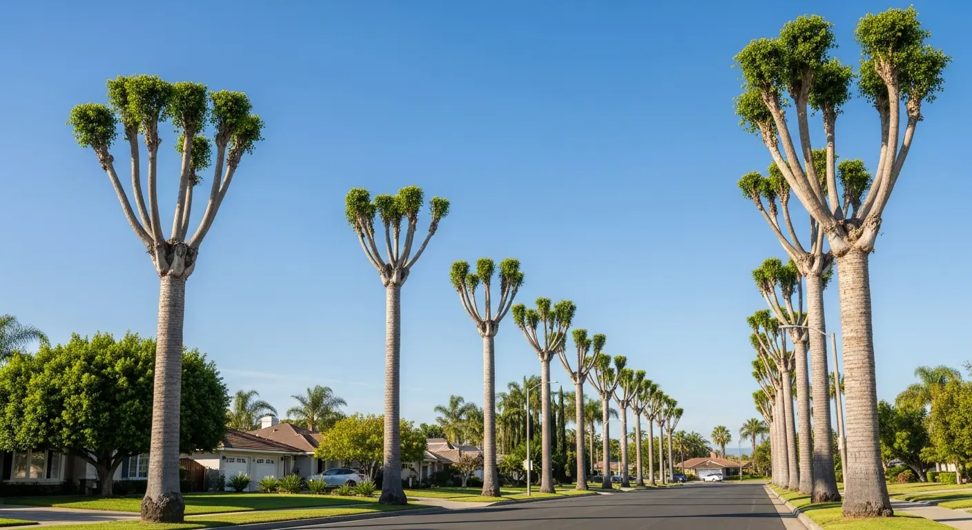 Fan palm with heavy dead frond skirt before trimming