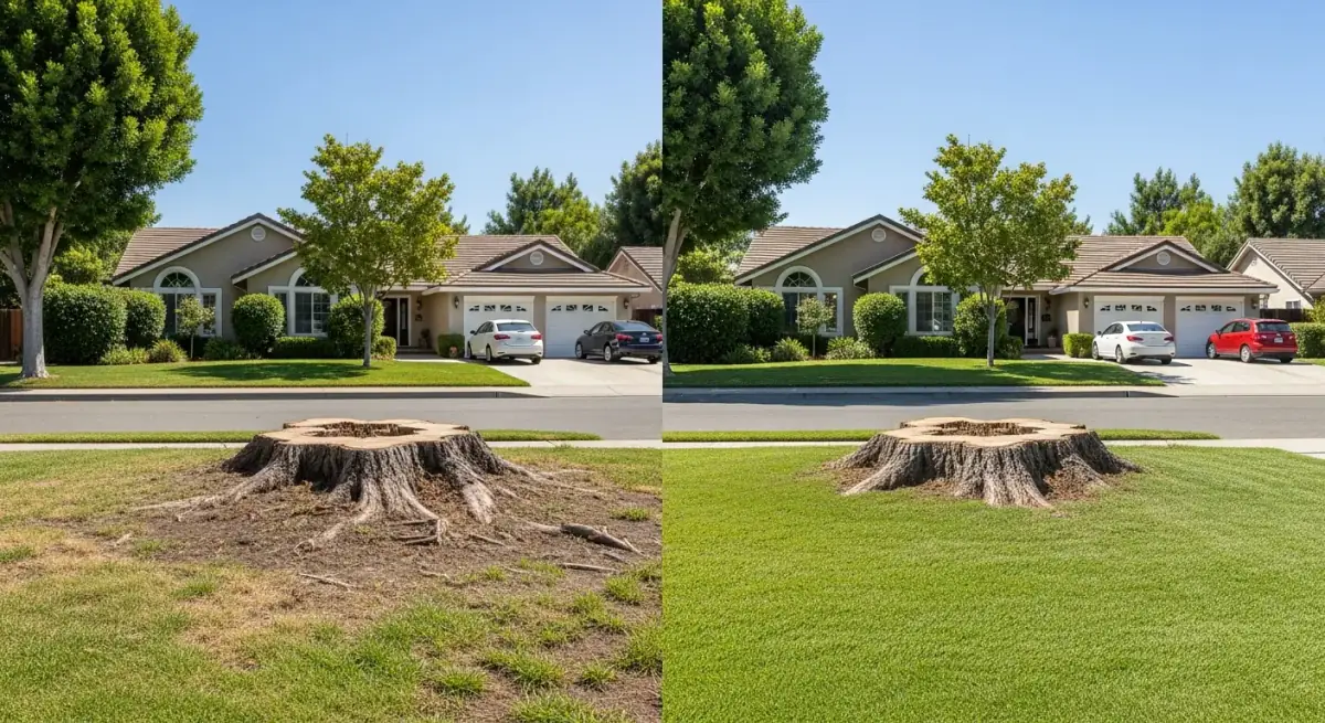 Before and after stump grinding transformation in a front yard
