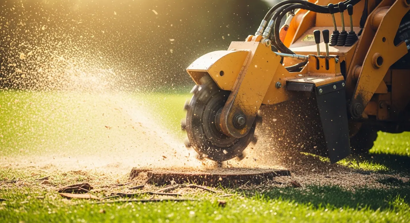 Stump grinding machine removing a tree stump from a lawn