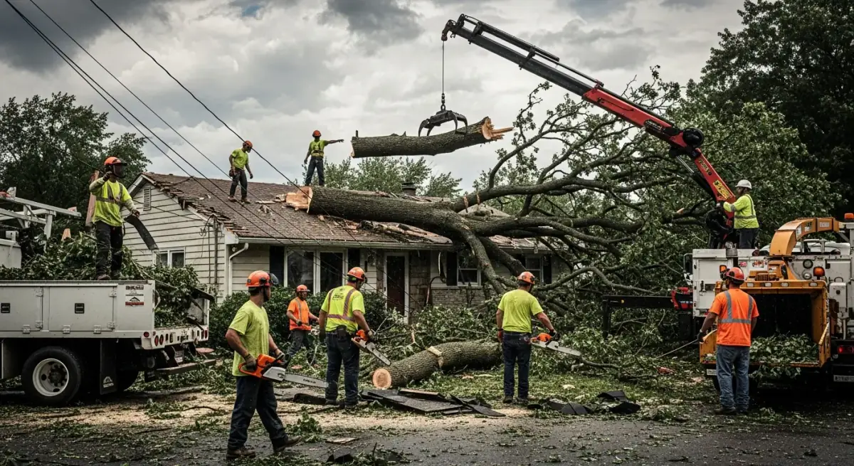 Emergency tree service team responding to a storm-damaged property