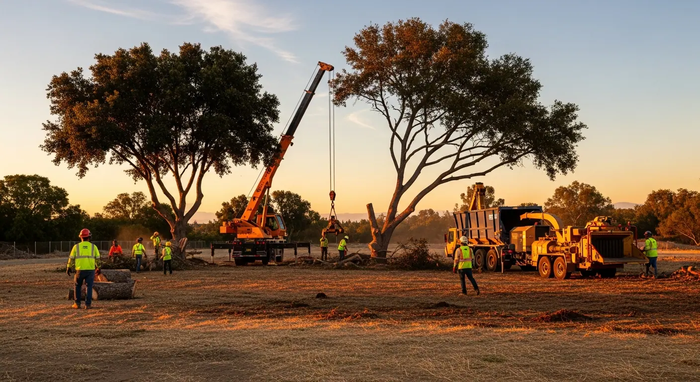 Professional team clearing multiple trees from a commercial lot using heavy machinery