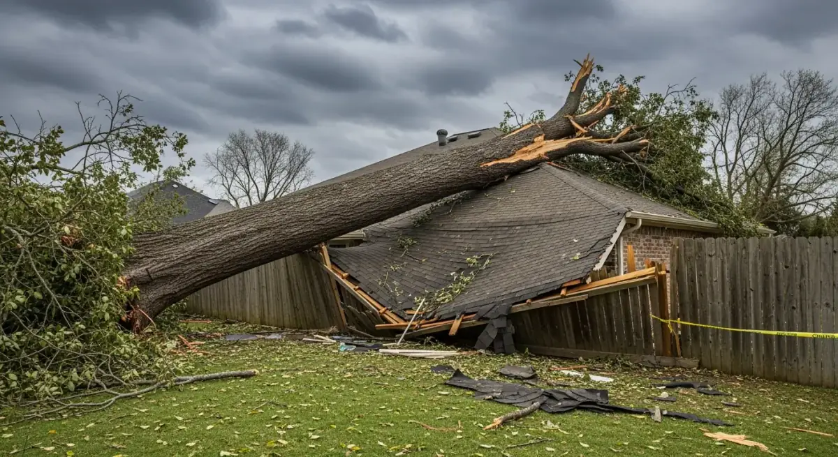 A large tree fallen across a fence and roof after a severe storm, requiring emergency removal