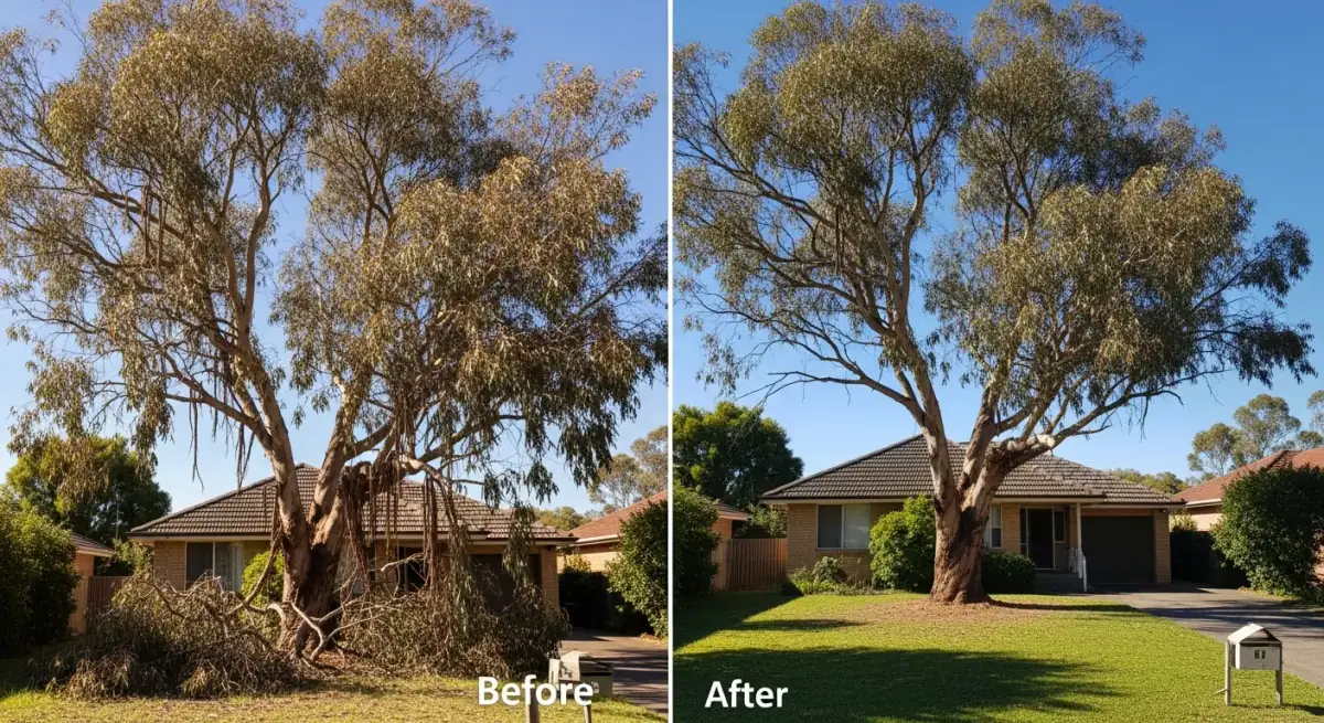 Before and after: large dead eucalyptus removed from residential property